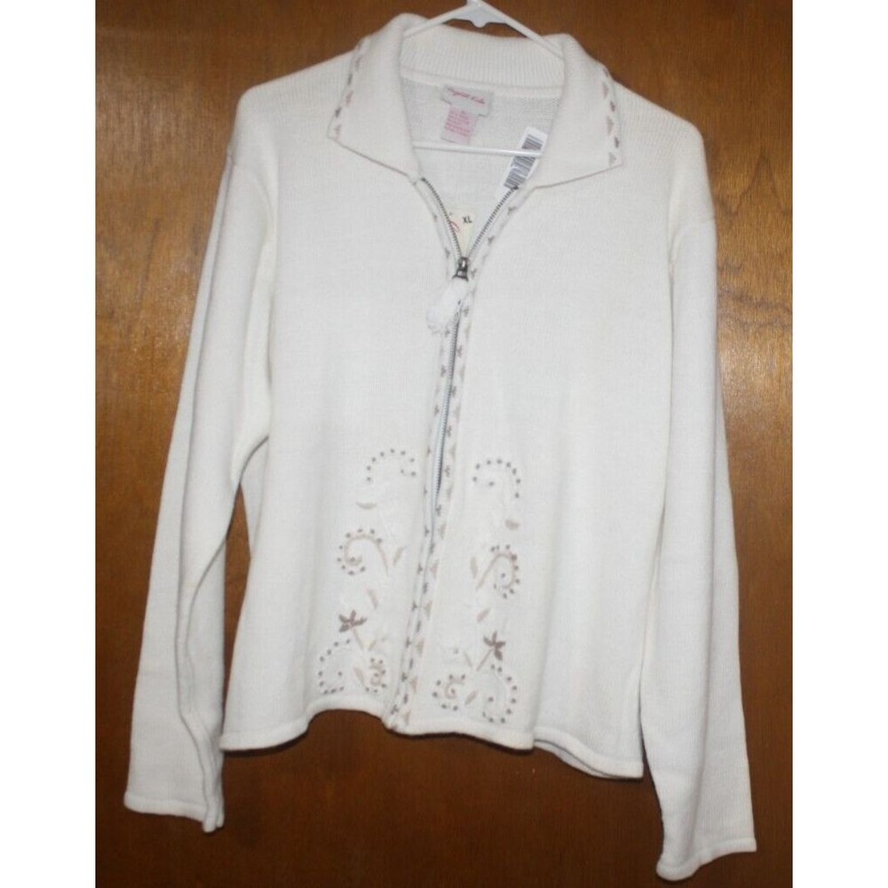 Crystal Kobe LS Sweater Full Zip Front Embroidered Detail Cream & Tan Sz XL NWT